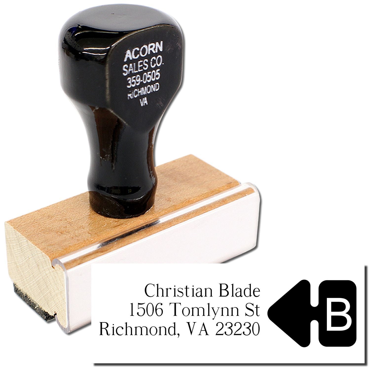 Custom address rubber stamp for Christian Blade, Richmond, VA 23230, with HB monogram.