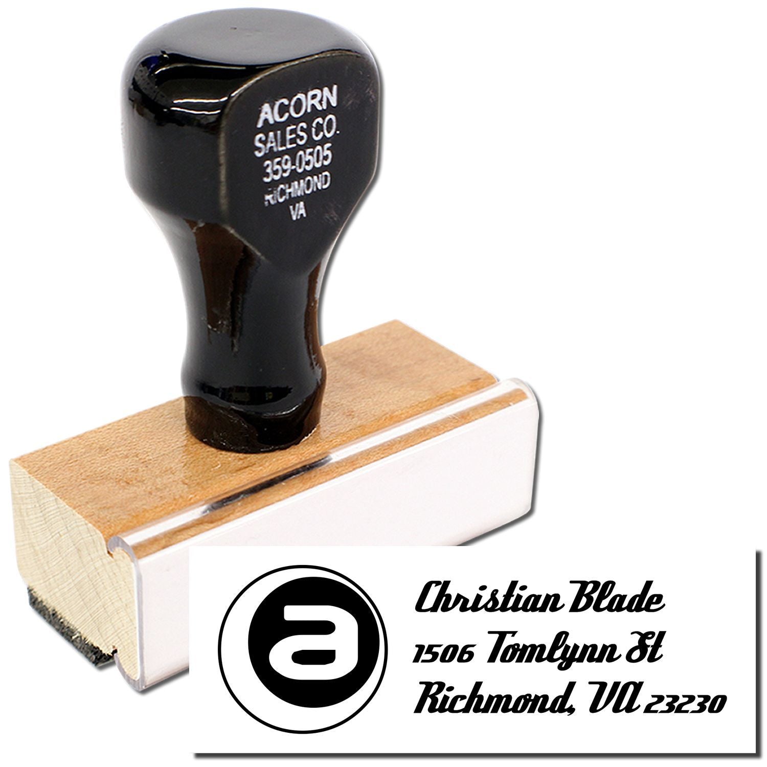 Custom rubber stamp with logo and business address for branding envelopes, documents, and packaging.