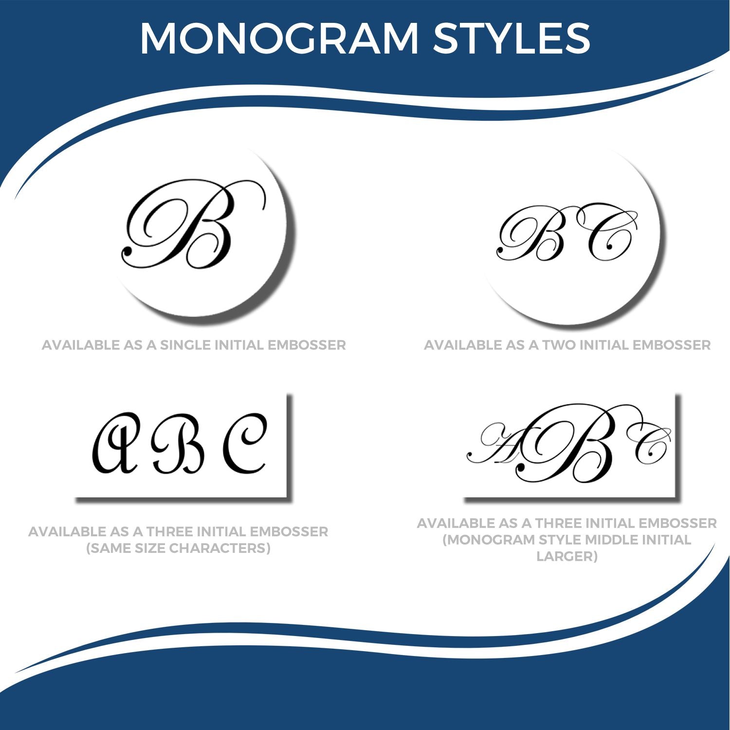 Monogram styles chart showing elegant script single initial, two initial, and three initial embossers for personalized custom stationery and gifts.