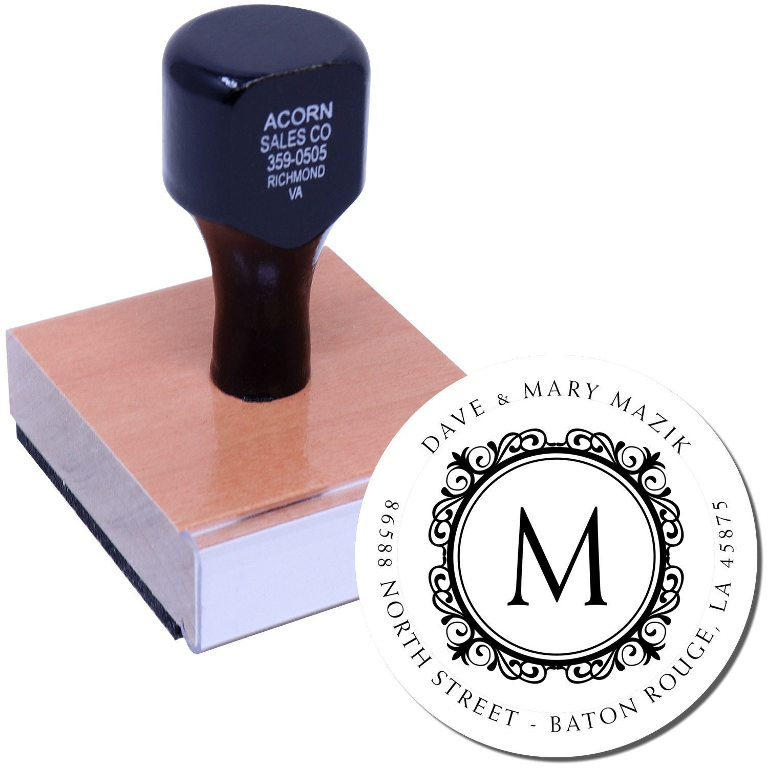 Custom self-inking rubber stamp with personalized monogram design for return addresses and wedding invitations.