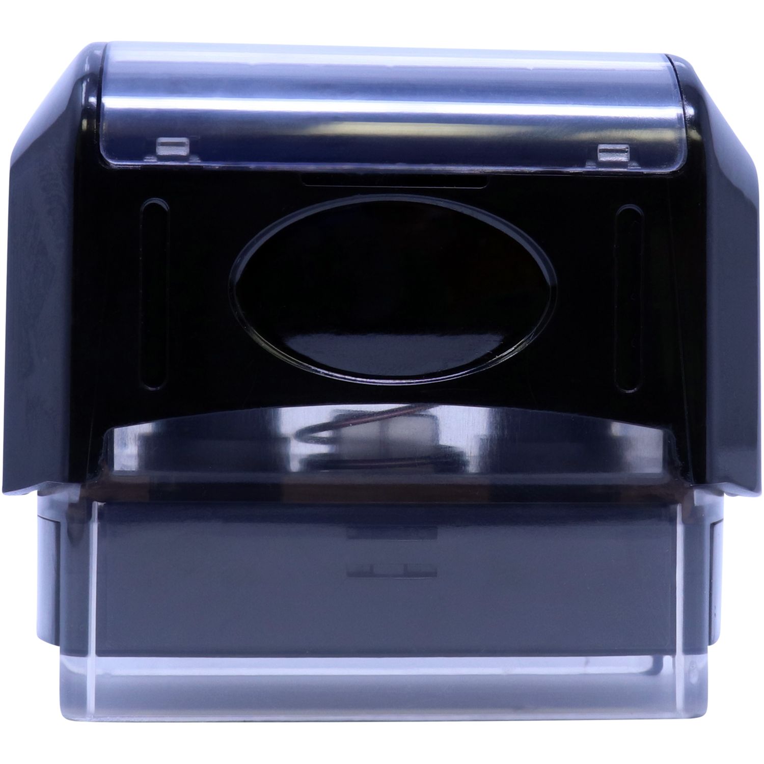 Black wall-mounted toilet paper dispenser with transparent cover, front view isolated on white background