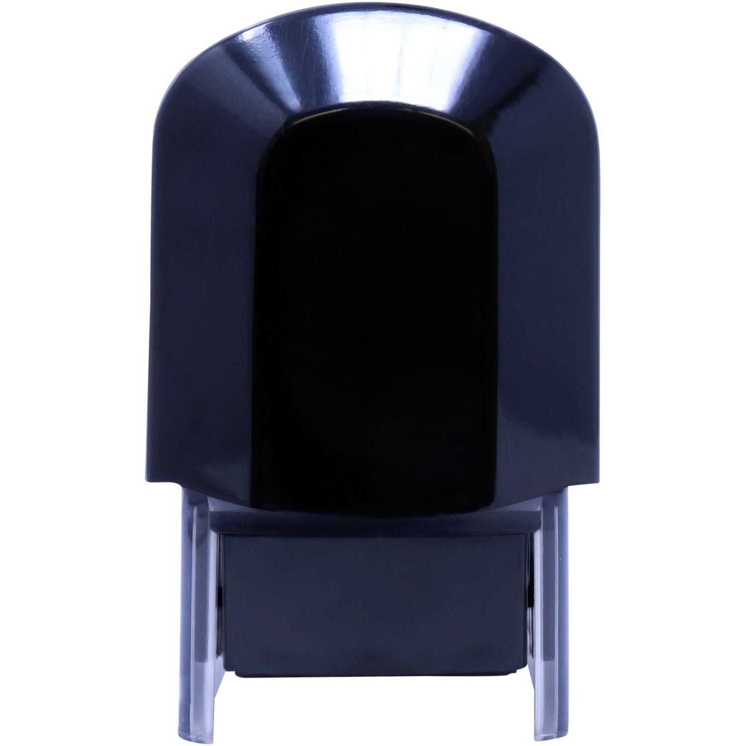 Black self-inking rubber stamp with transparent base on white background