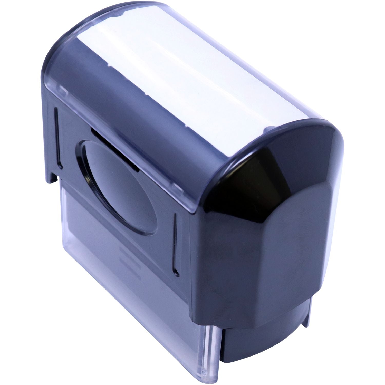 Transparent wall-mounted plastic paper towel dispenser with dark blue cover and viewing window