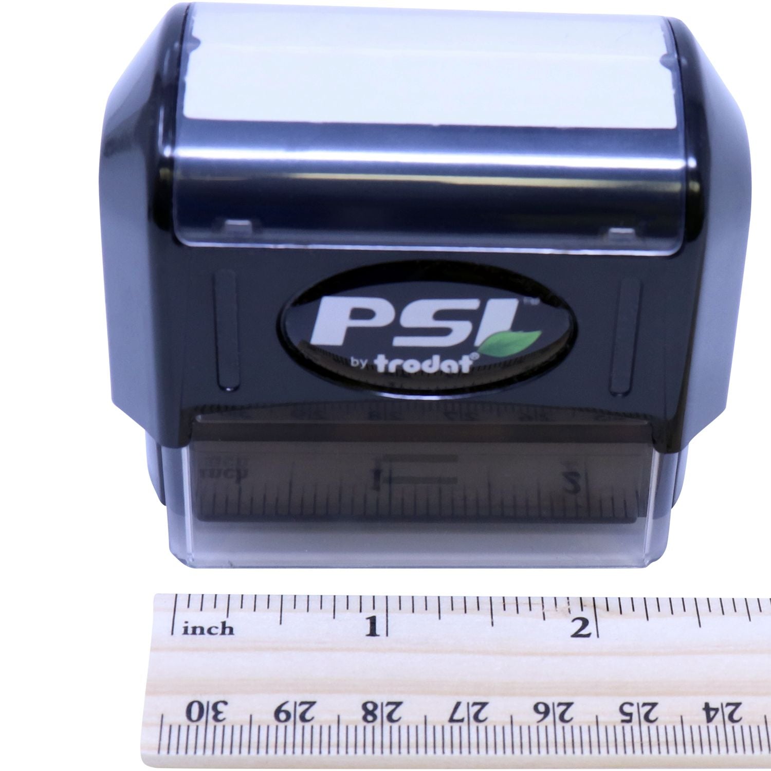Prodat PSI label printer close-up with ruler scale, showing compact handheld printing device dimensions.