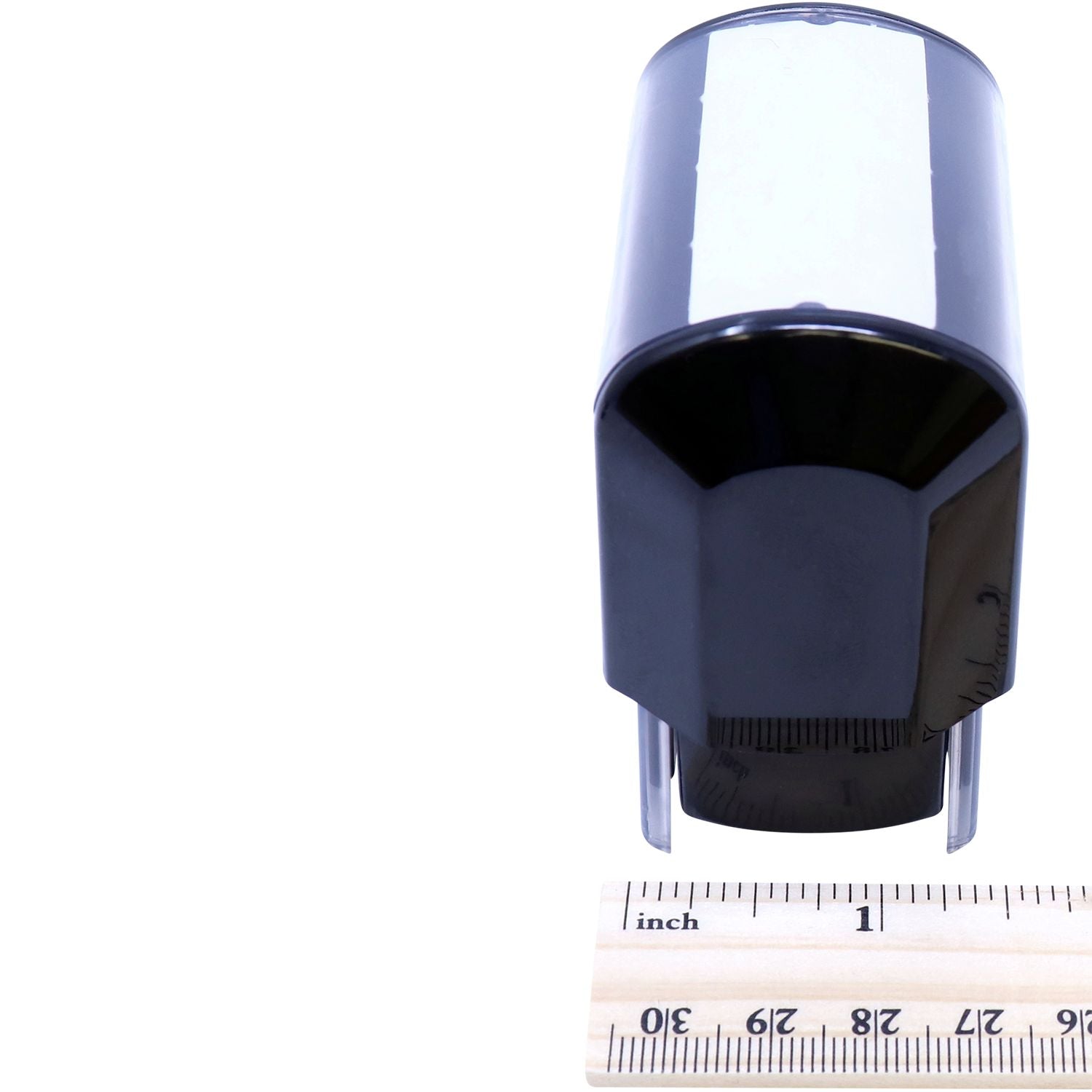 Blue and black electrical connector tip shown beside an inch ruler for accurate product size measurement