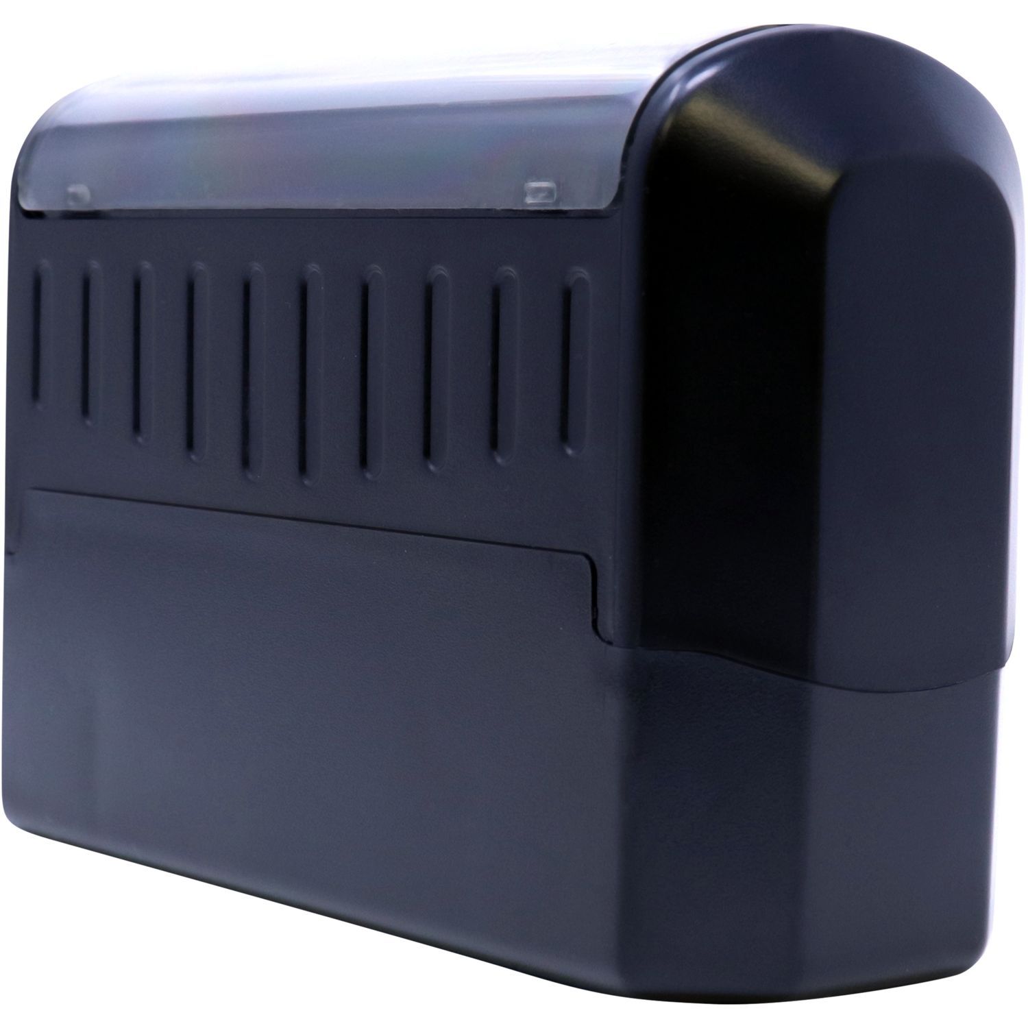 Close-up of a dark blue electronic device housing with ventilation grille, showing airflow intake design for cooling
