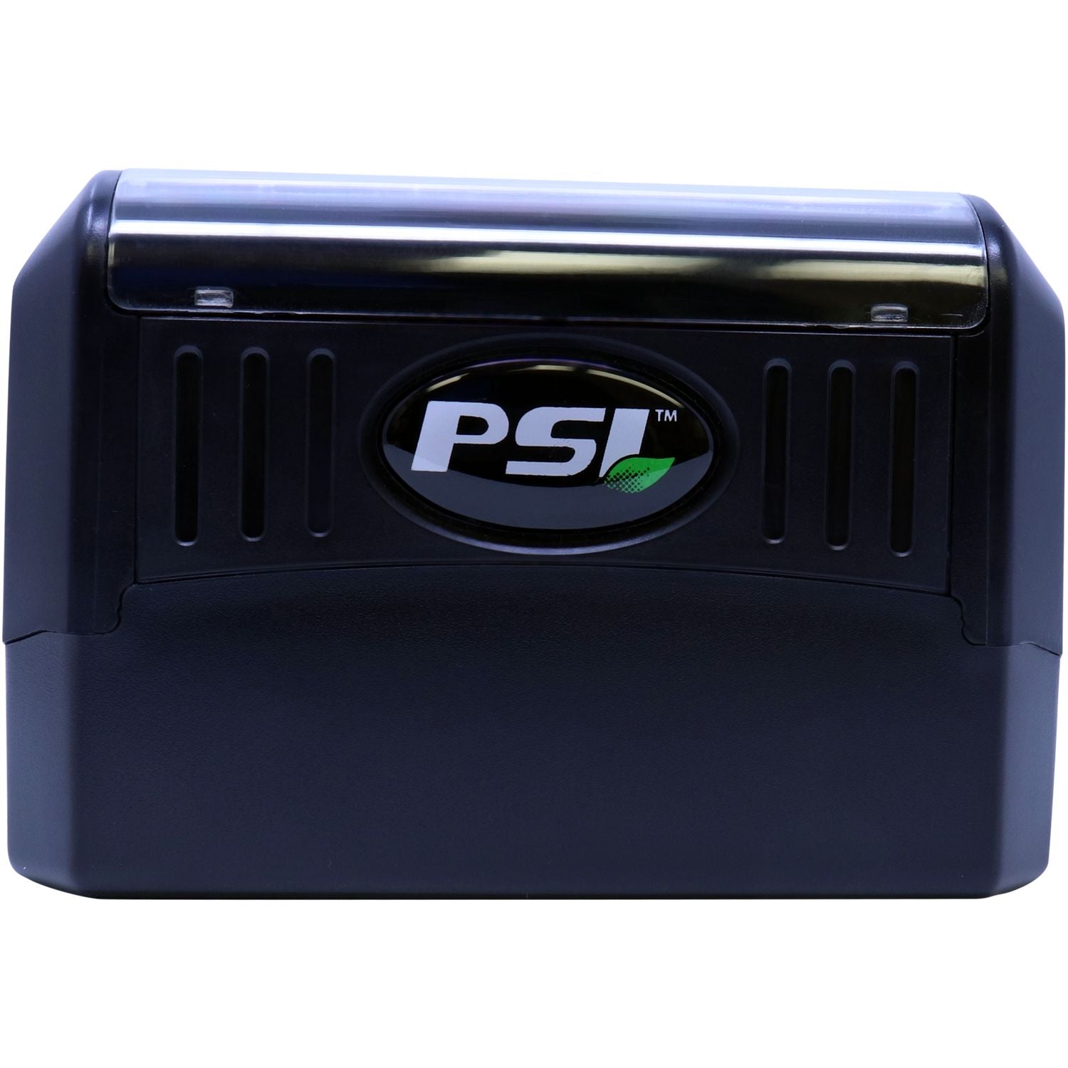 Close-up of PSI logo on black portable device front panel with vented design for product identification