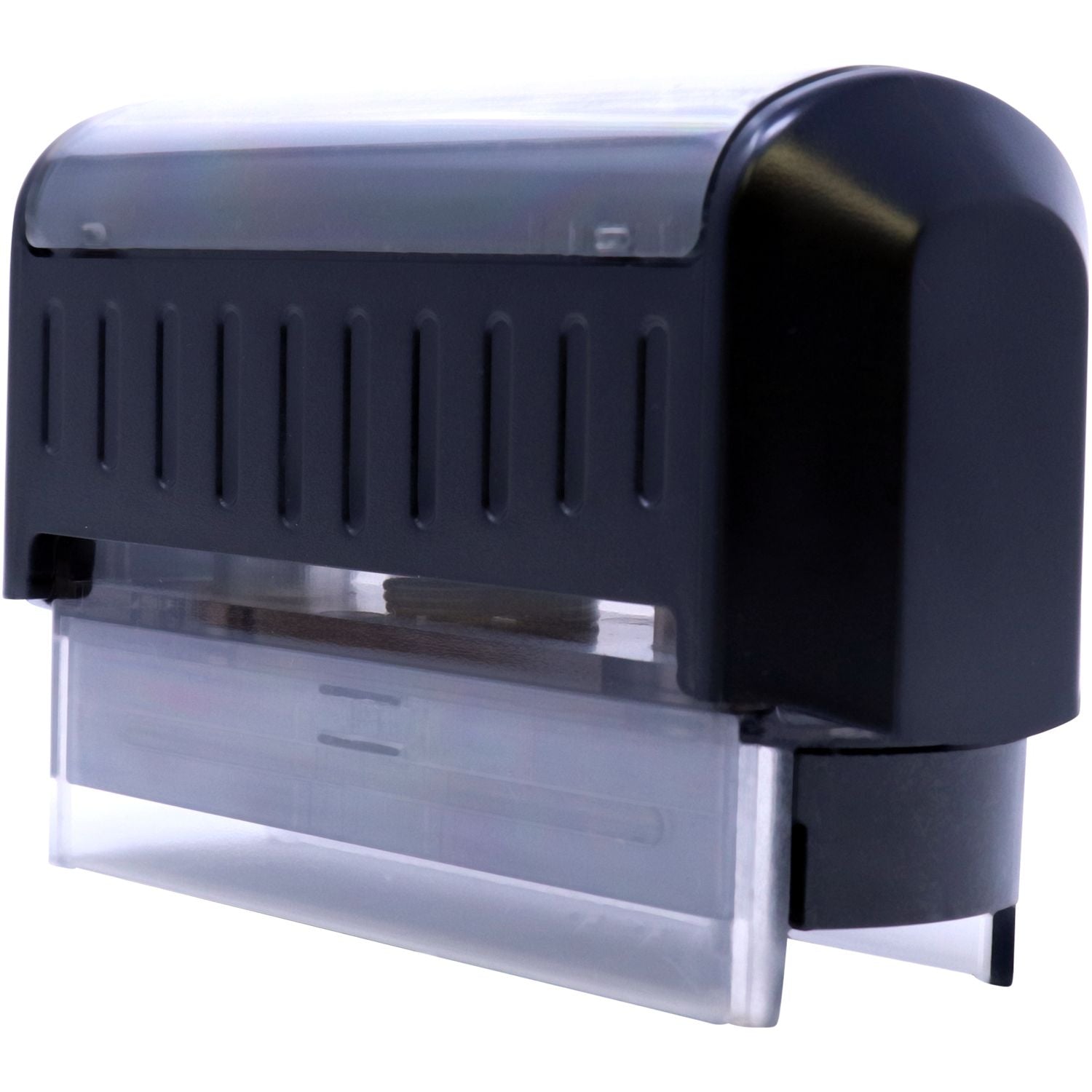 Black self-inking rubber stamp with transparent casing, office stationery tool on white background