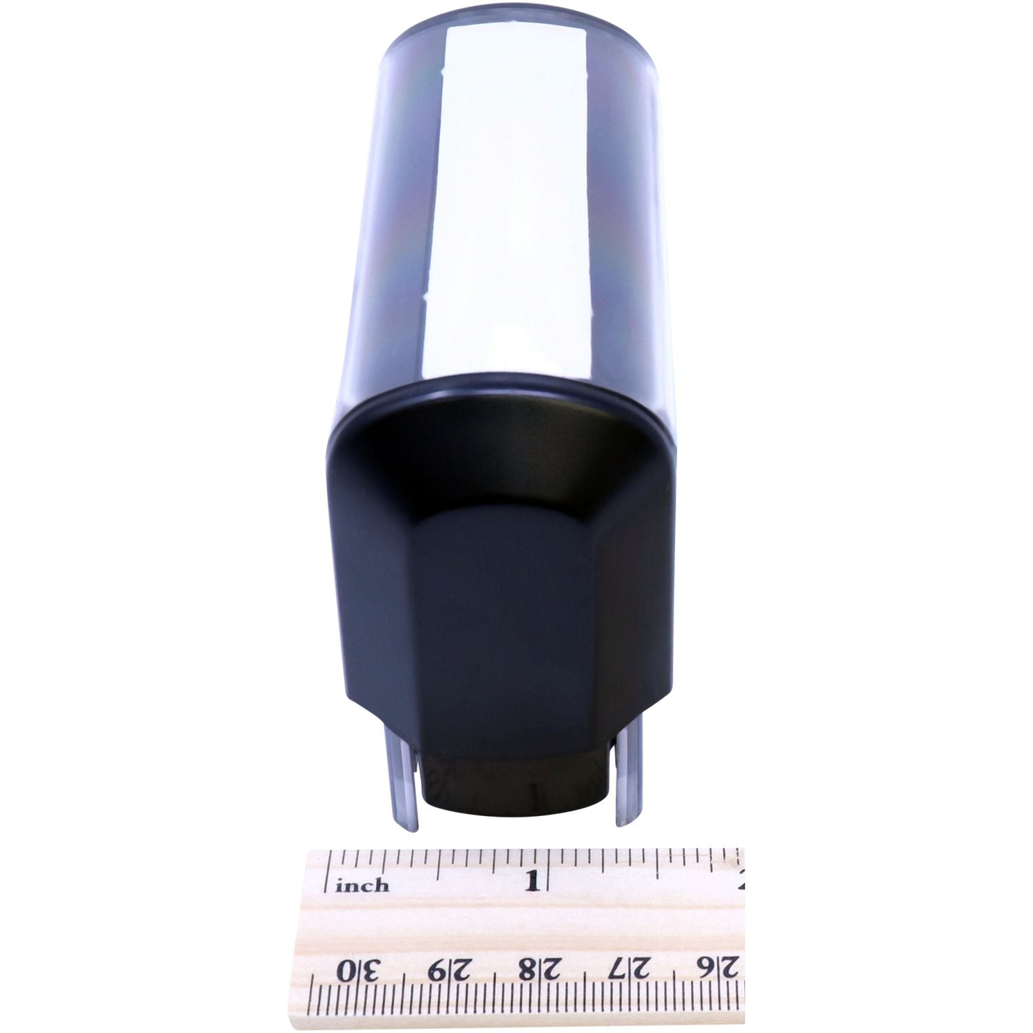 Blue plastic cylindrical component with black base shown next to an inch ruler for size measurement