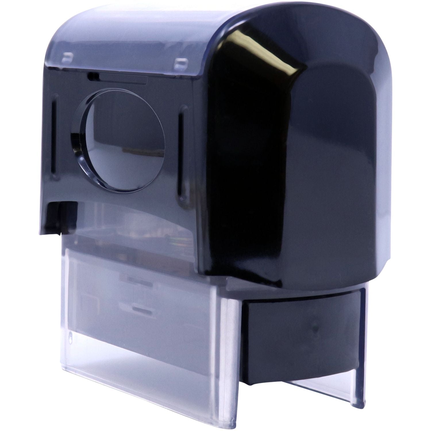 Black wall-mounted soap dispenser with transparent refill tank and modern plastic cover