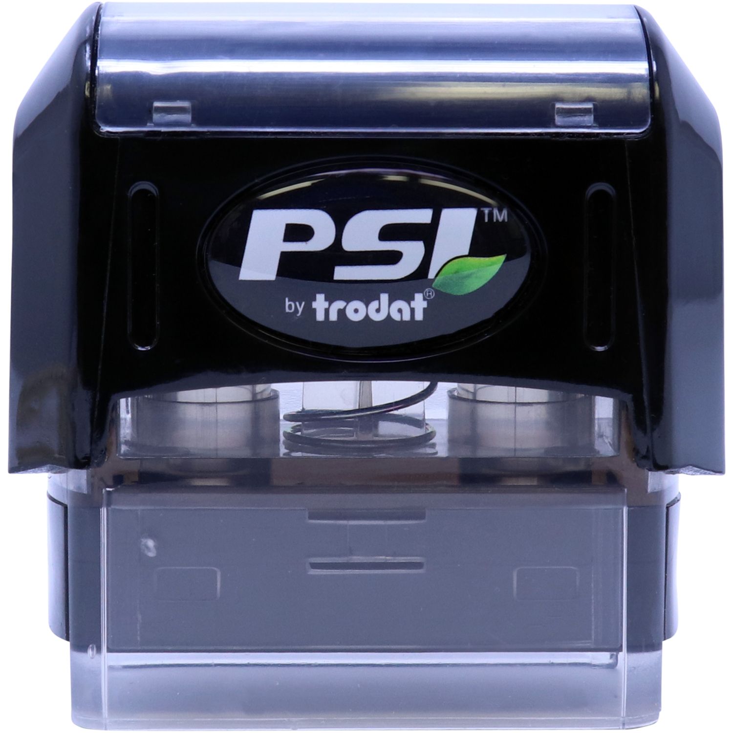 Trodat PSI by Trodat self-inking stamp front view, showing the logo and ink pad housing for quick identification.