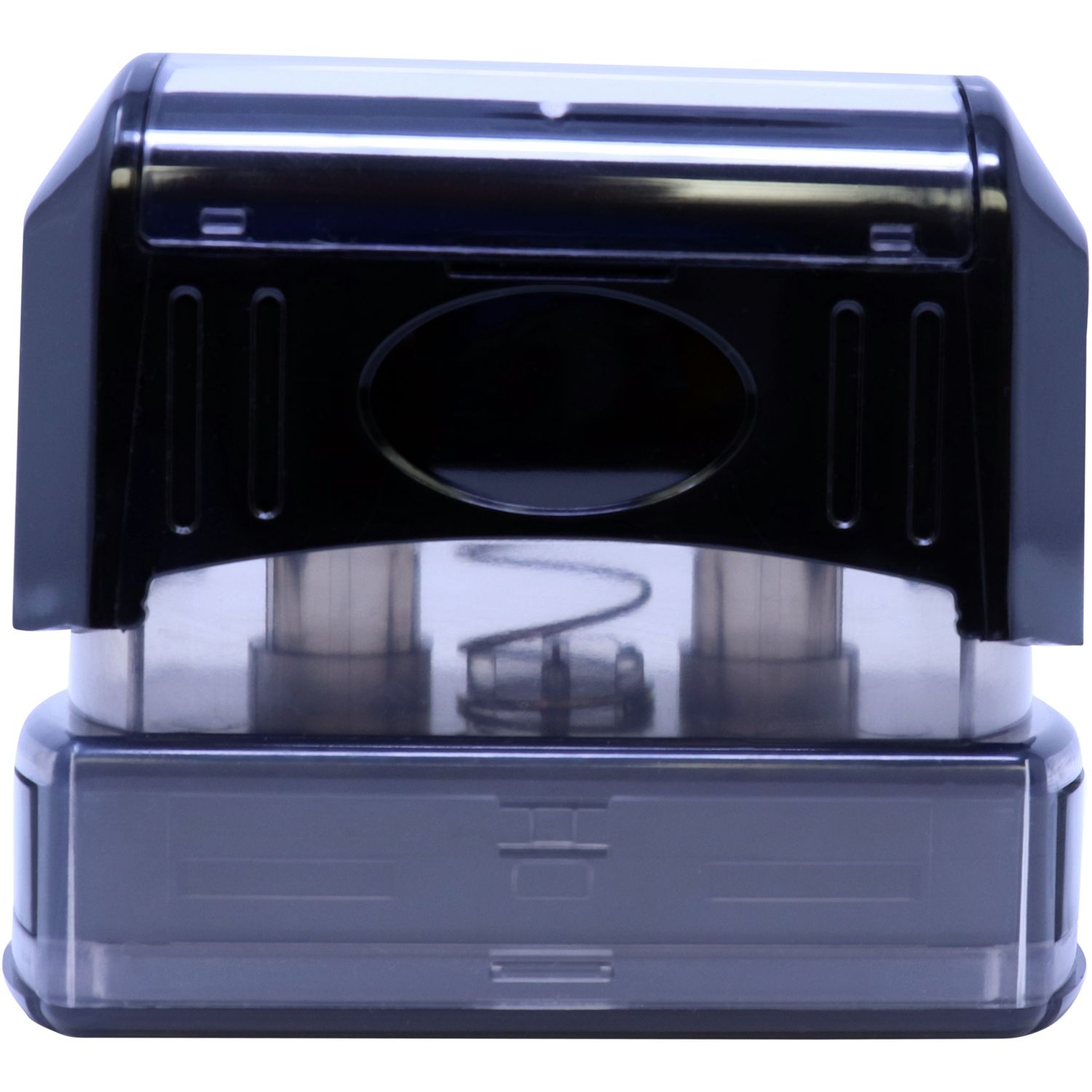 Black two-hole paper punch with transparent waste tray on a white background.