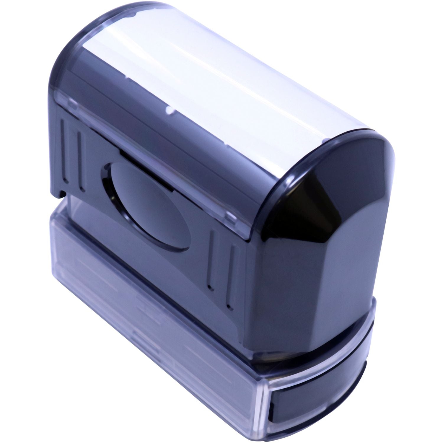 Black self-inking rubber stamp with clear plastic cover on a white background