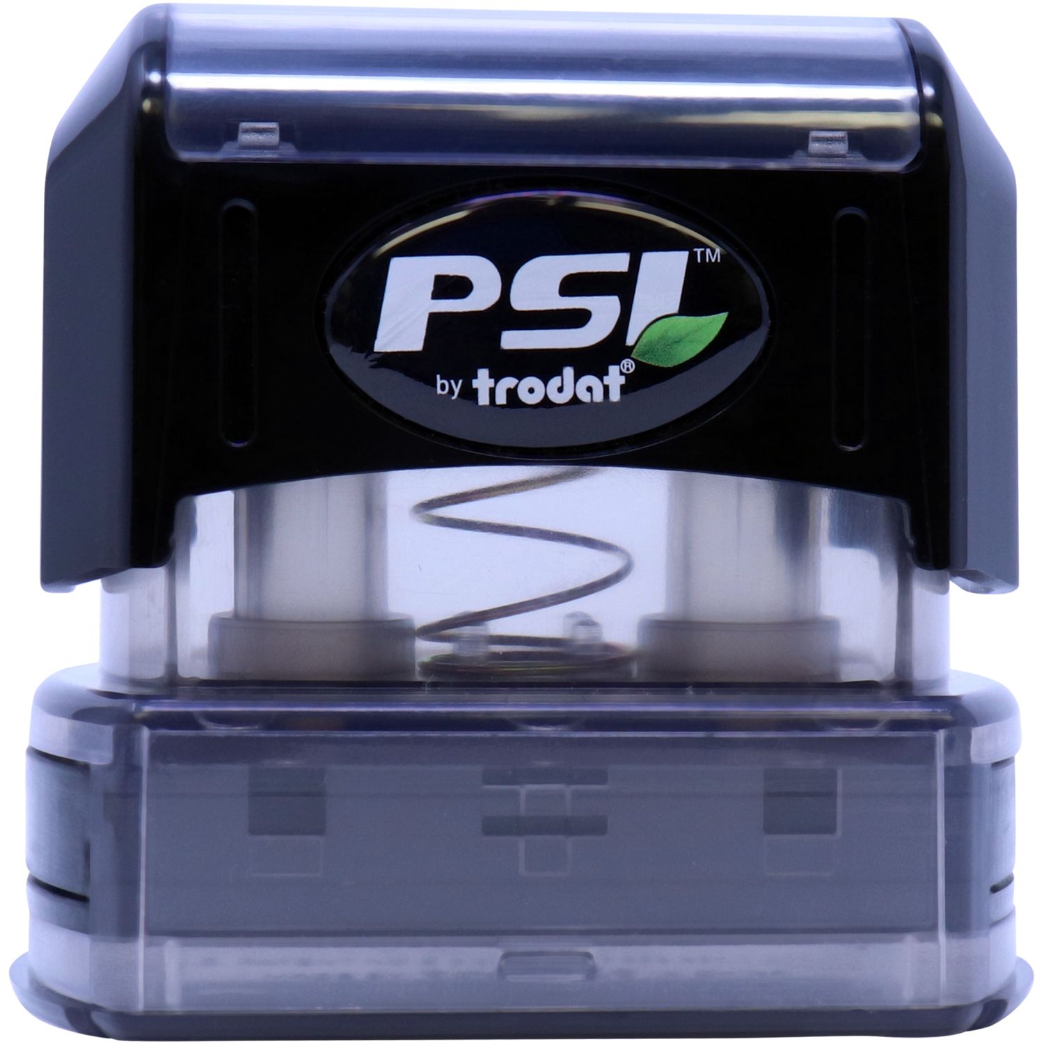 Close-up of PS! by Trodat self-inking stamp, showing logo and print head mechanism on a desktop stamp.
