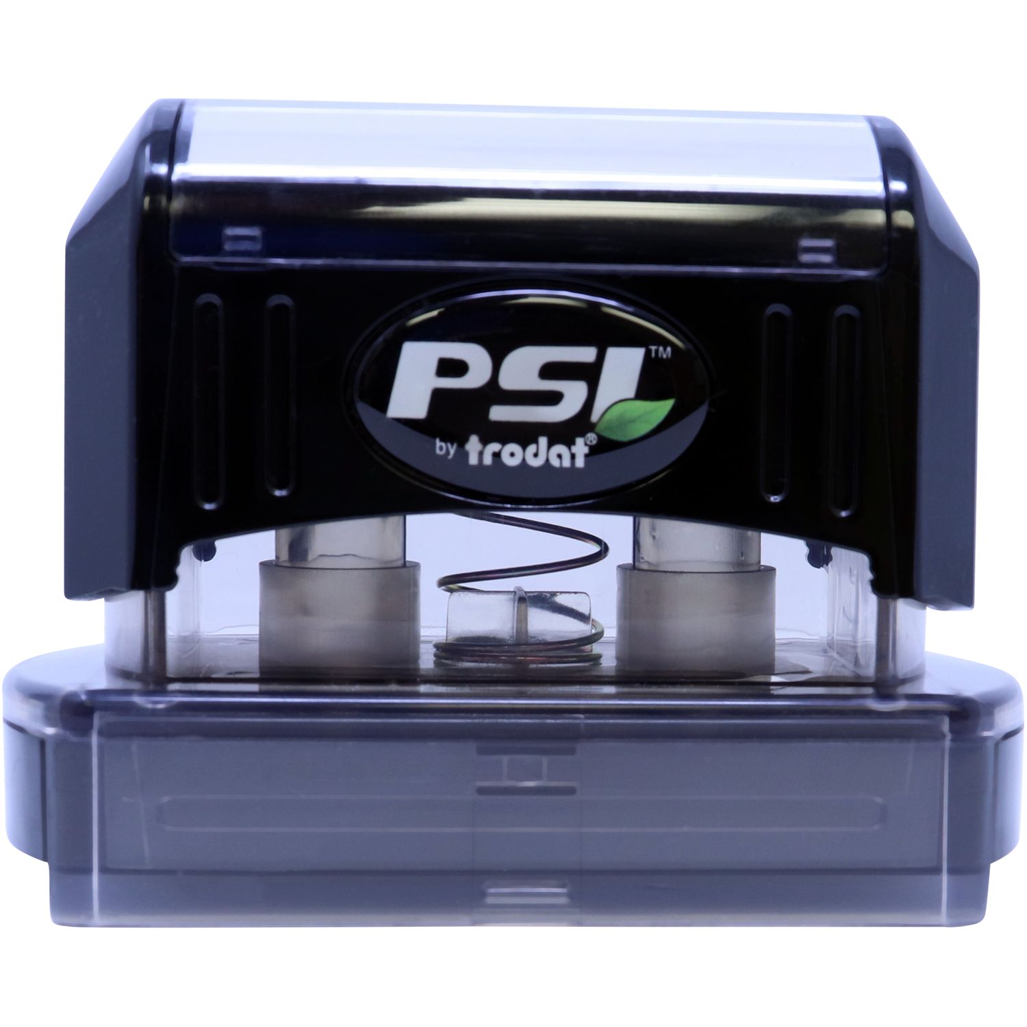 Trodat PST self-inking stamp head close-up showing ink roller mechanism for fast document marking