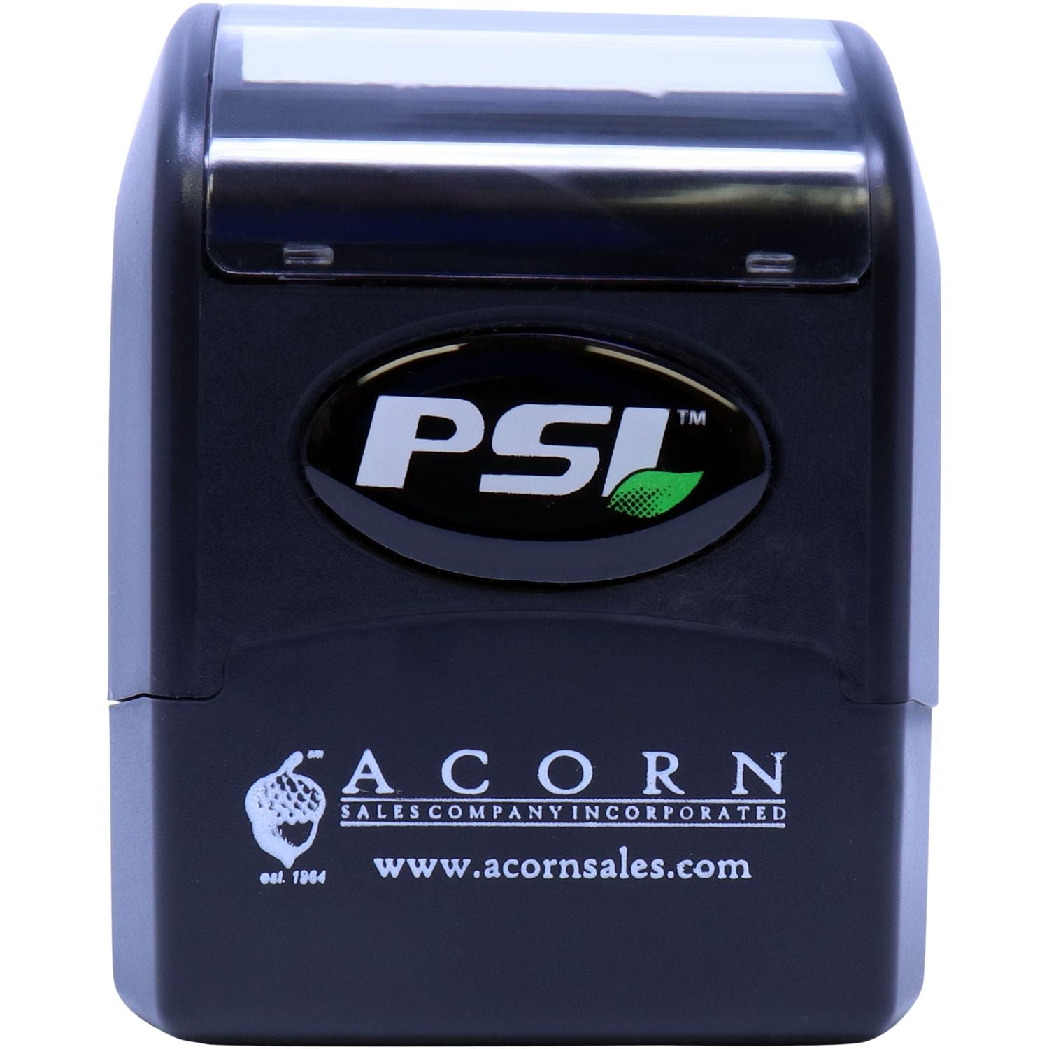 Close-up of Acorn PS1™ touchless soap sanitizer dispenser front panel with Acorn Sales Company Incorporated branding logo for washroom use