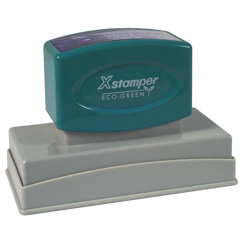 Xstamper Eco-Green self-inking stamp with base for eco-friendly, quick imprinting of dates, logos, and labels.