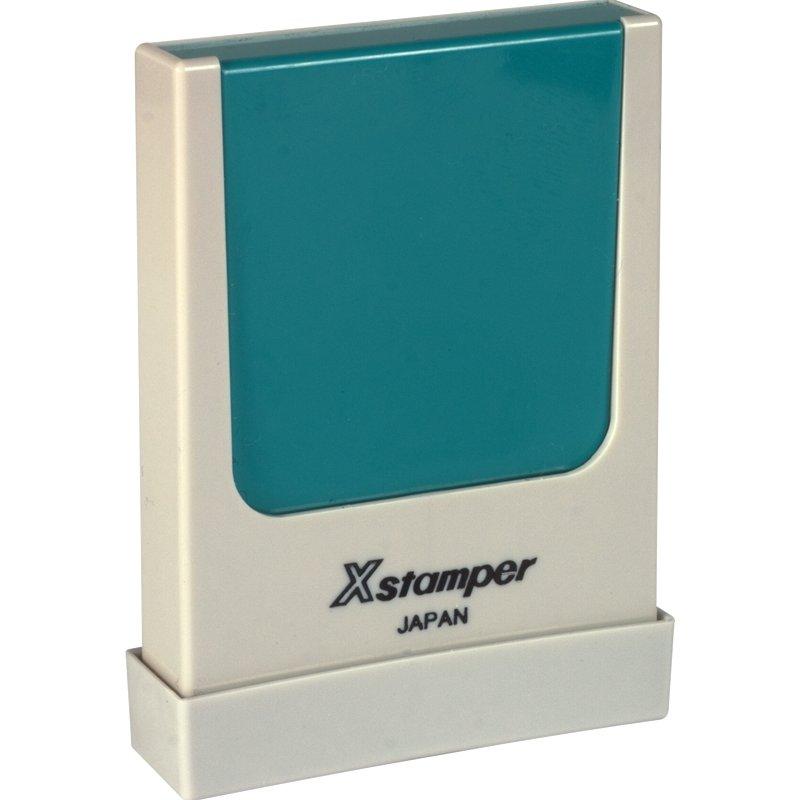 Xstamper Japan self-inking stamp pad holder with teal ink, used for quick date or text stamping.