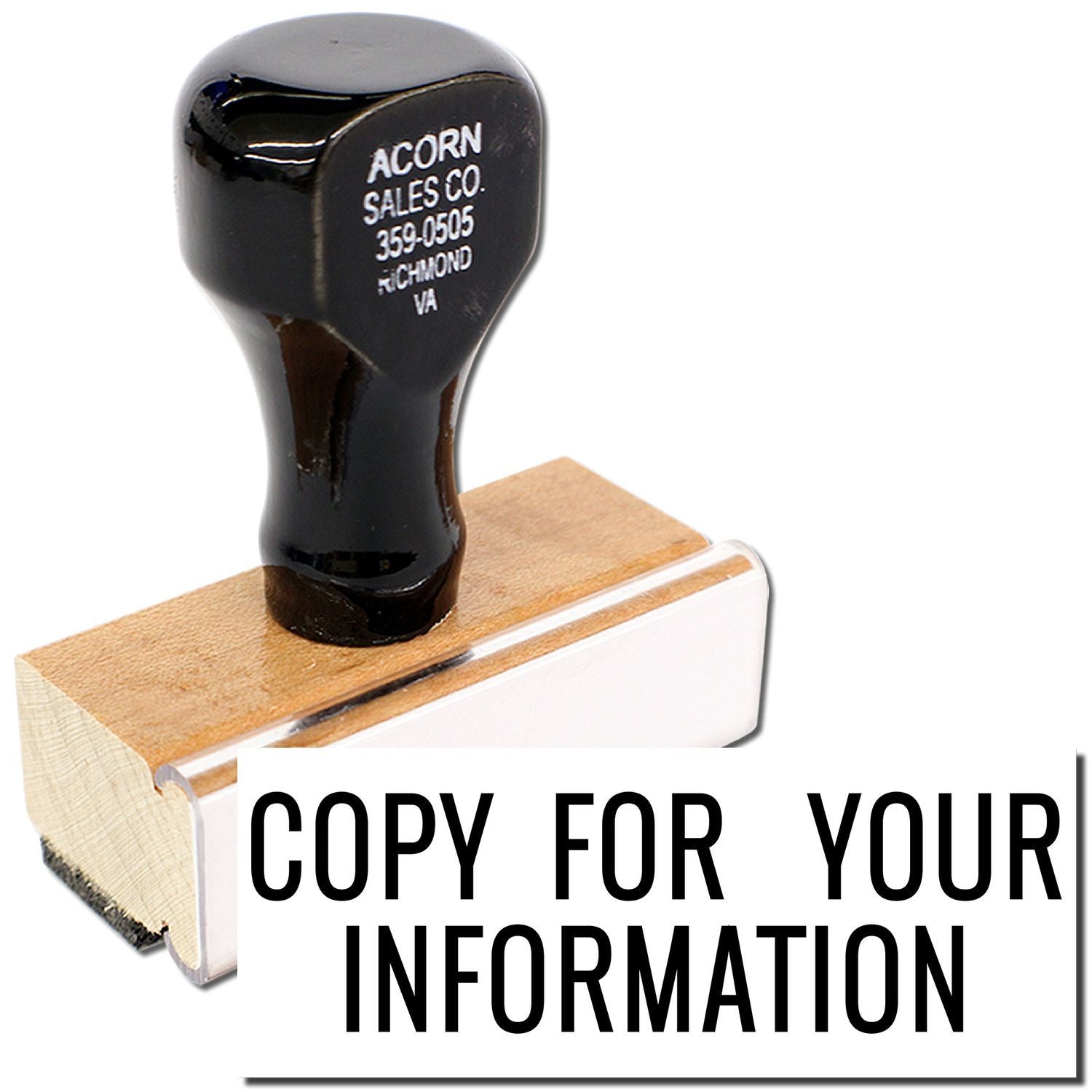Black Acorn Sales Co. rubber stamp on wooden base with Copy for your information text for document branding.