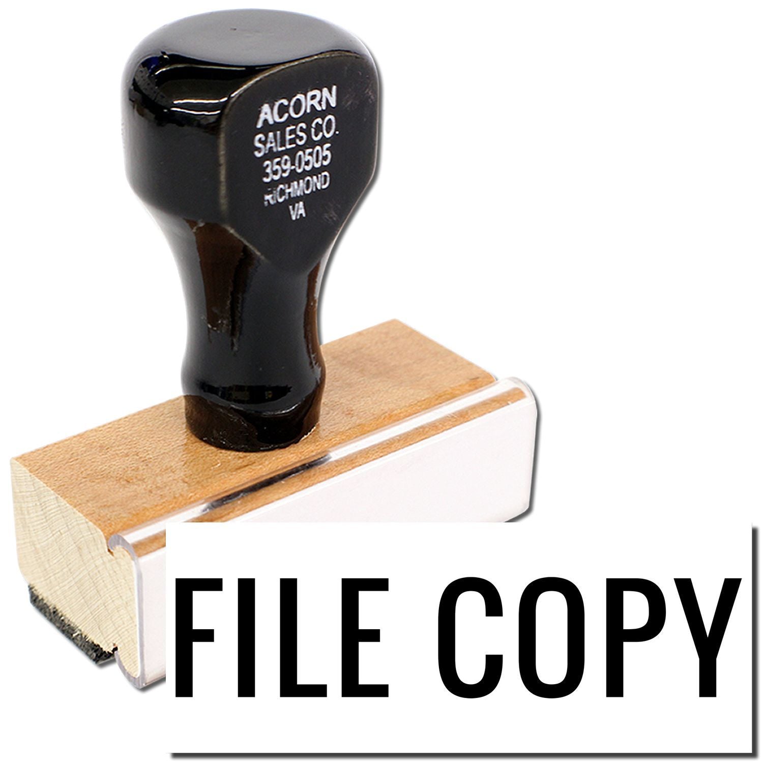 Acorn Sales Co. vintage File Copy rubber stamp with wooden base and black handle for labeling office documents quickly and filing records.
