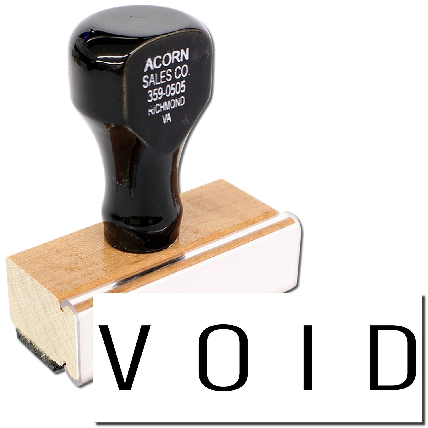 Acorn Sales Co. 359-0505 Richmond VA branded stamp on wooden block with large VOID label for product identification verification