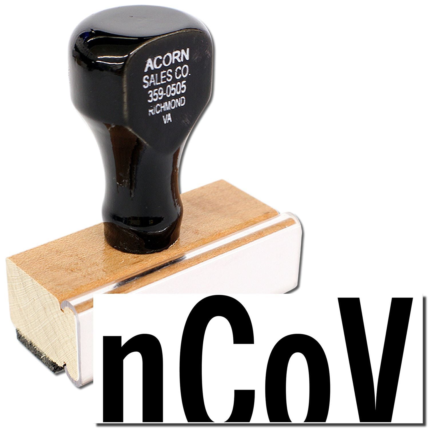 Acorn Sales Co. vintage rubber stamp with stamped imprint head on wooden block, showing 359-0505 Richmond VA branding contact info