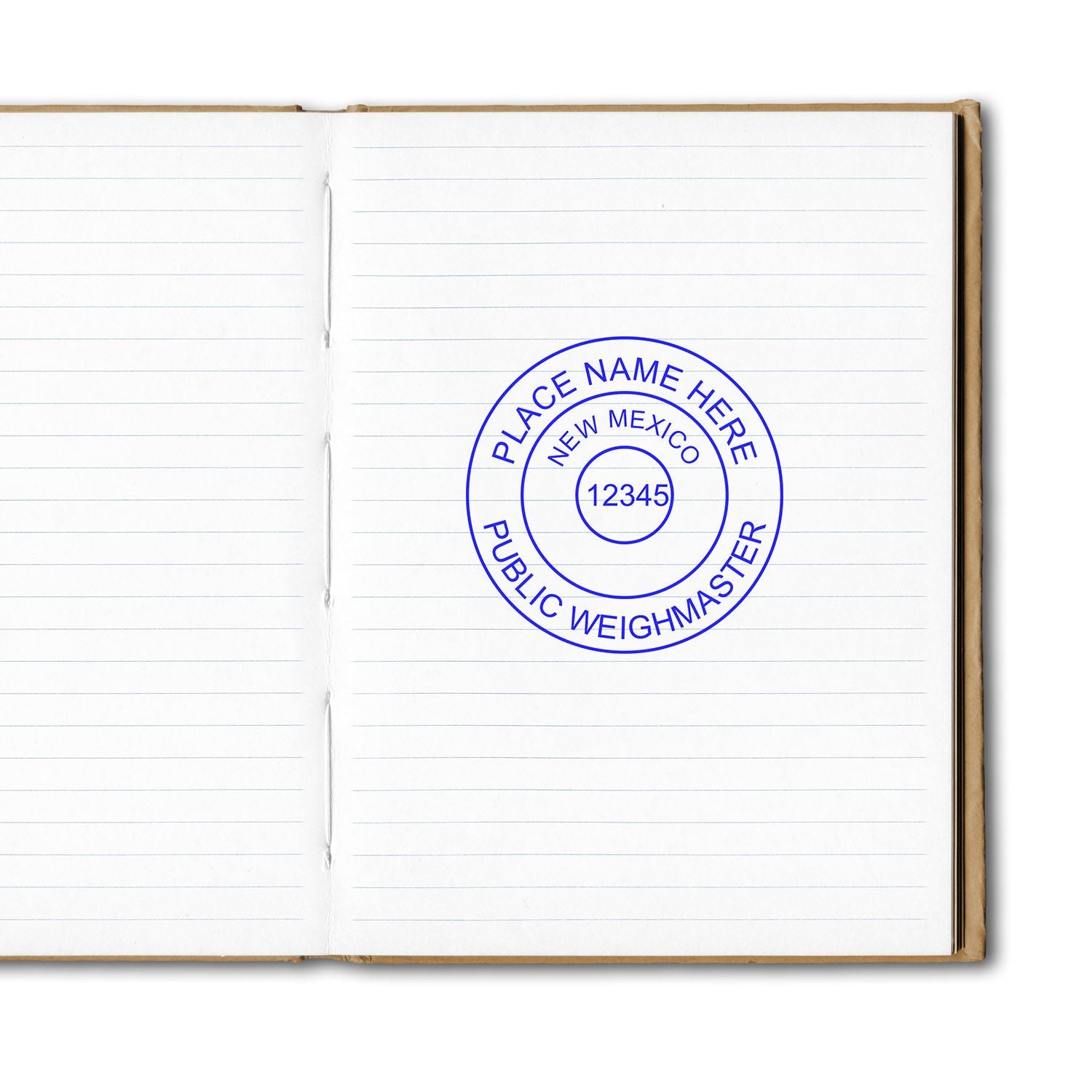 Open lined notebook with blue Public Weighmaster stamp, New Mexico place name placeholder on white background.