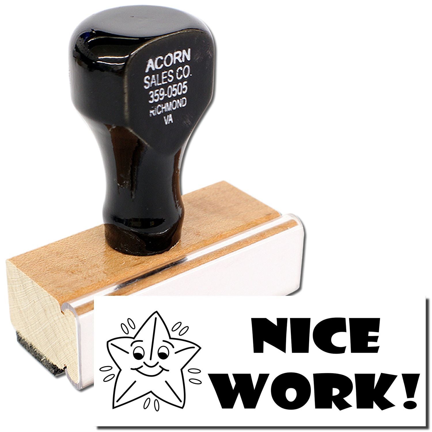 Acorn Sales Co. branded promotional Nice Work! card with black acorn-shaped topper on wooden block