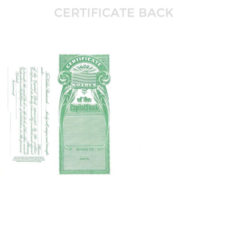 Back view of a green share certificate with seal, issued-to text, shares, and date for stock ownership verification investment security record.
