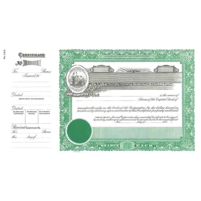 Green stock certificate document with ornate border, Certified text, and blank holder detailsused to prove ownership.