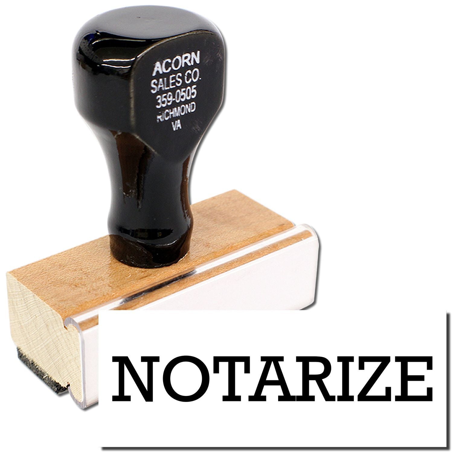 Notarize notary stamp with Acorn Sales Co. logo for document authentication and signature verification on inked impression block