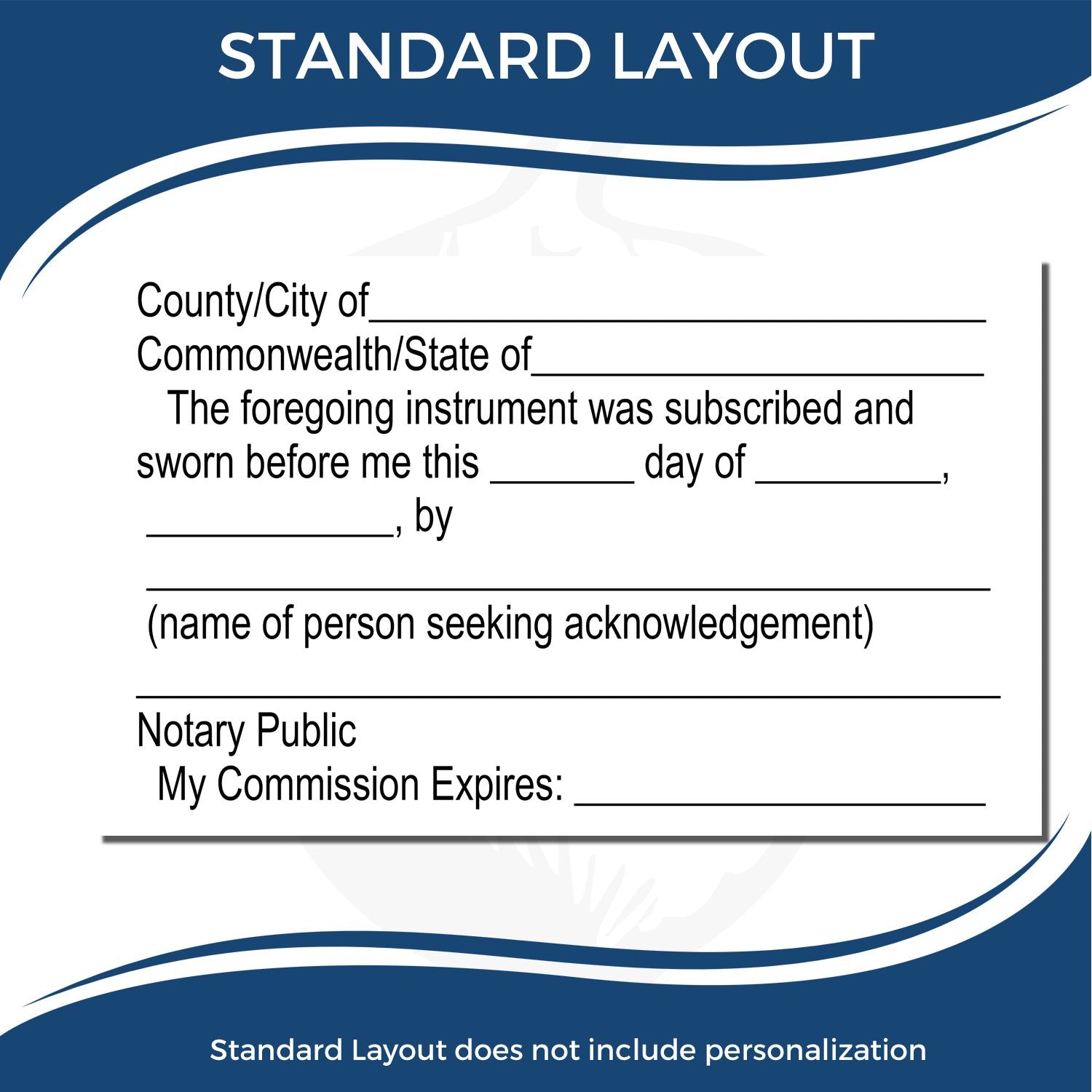 Standard notary acknowledgment certificate template with blue and white layout, county/state fields, signature lines, and commission expiration line.