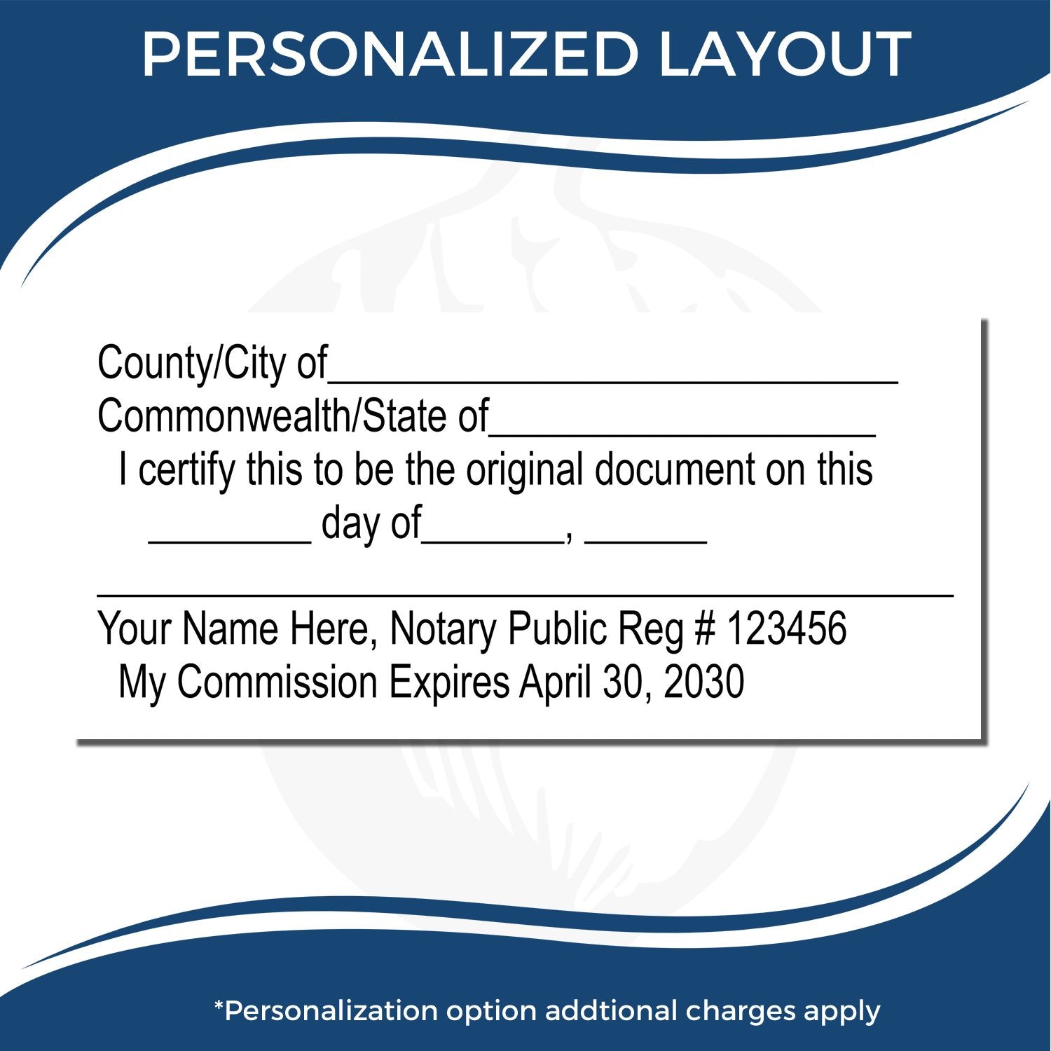 Personalized notary public certificate layout template with county/city and state fields, signature line, notary public registration number, and commission expiration date.