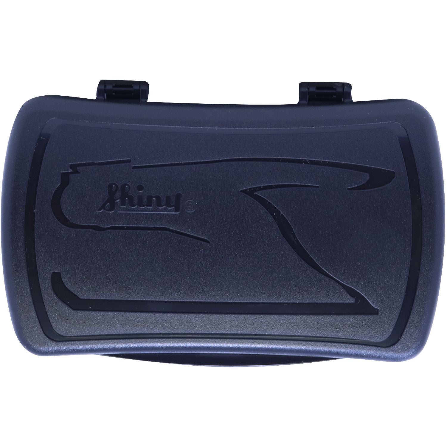 Black Shiny branded hard plastic storage case with latch closures on a white background
