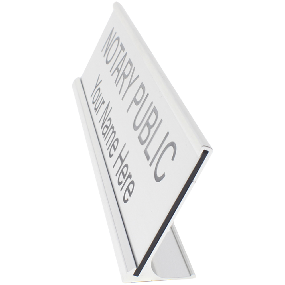 White Notary Public desk sign with customizable name plate for office and legal services.