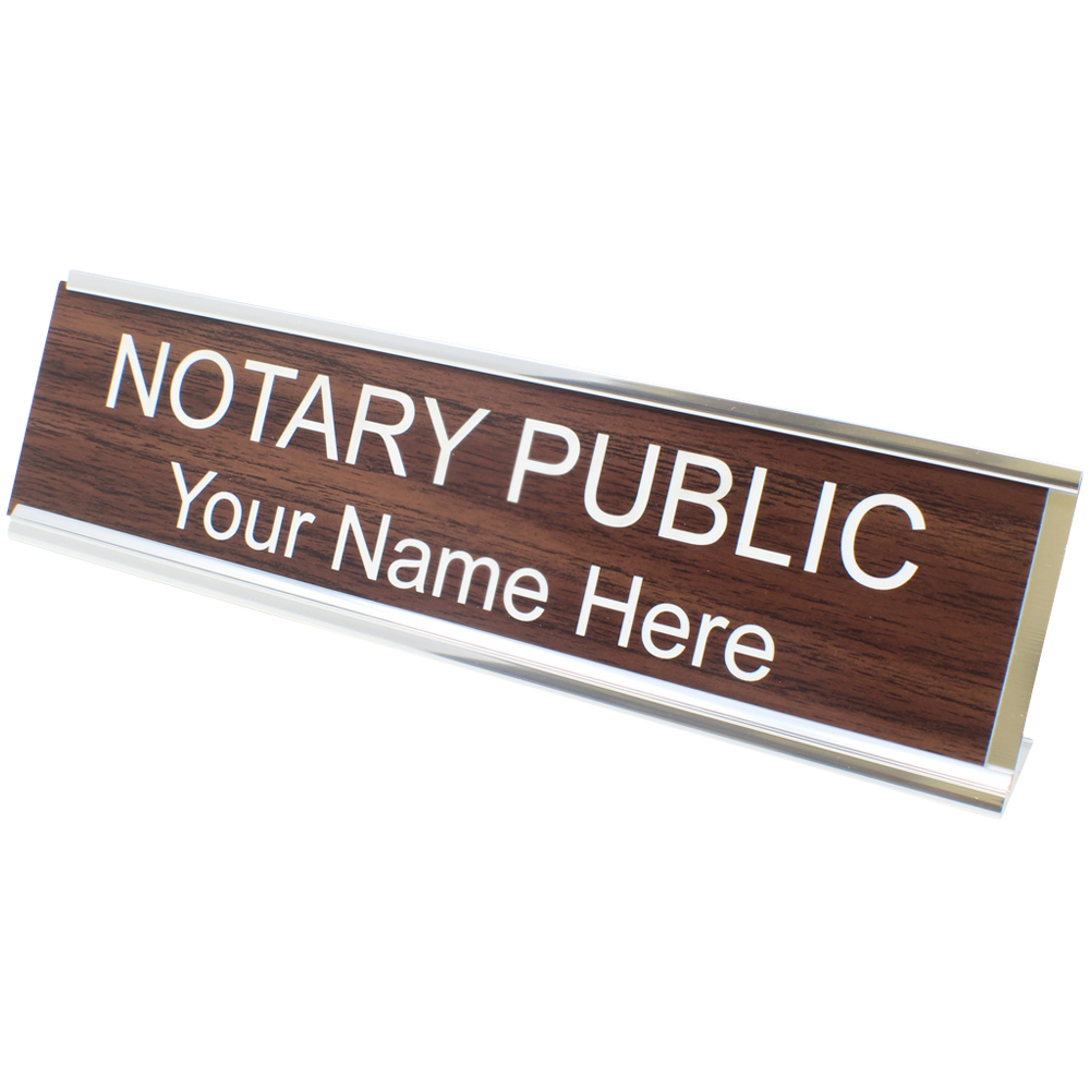 Wooden notary public desk sign with customizable name plate and white lettering.