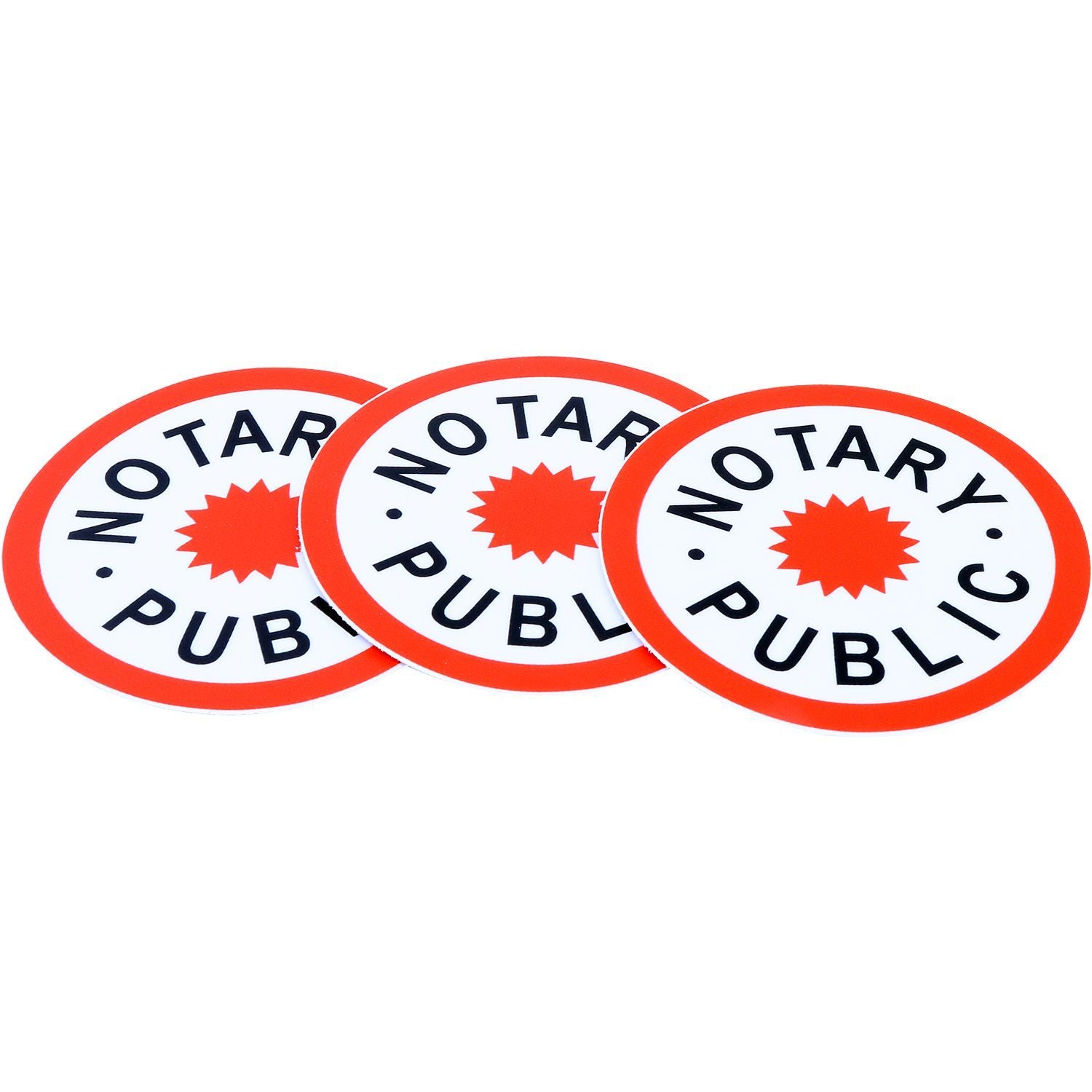Three notary public no-tariff signs with red border and starburst design on white background