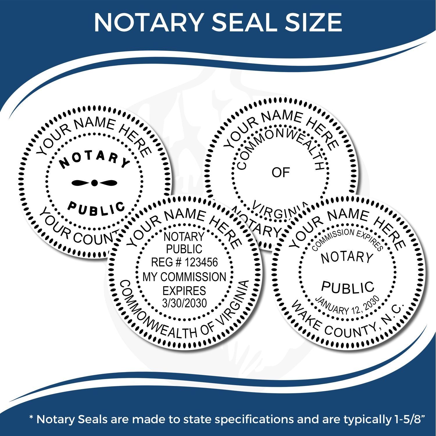 Notary seal size guide showing sample circular notary public seals for Virginia and North Carolina.