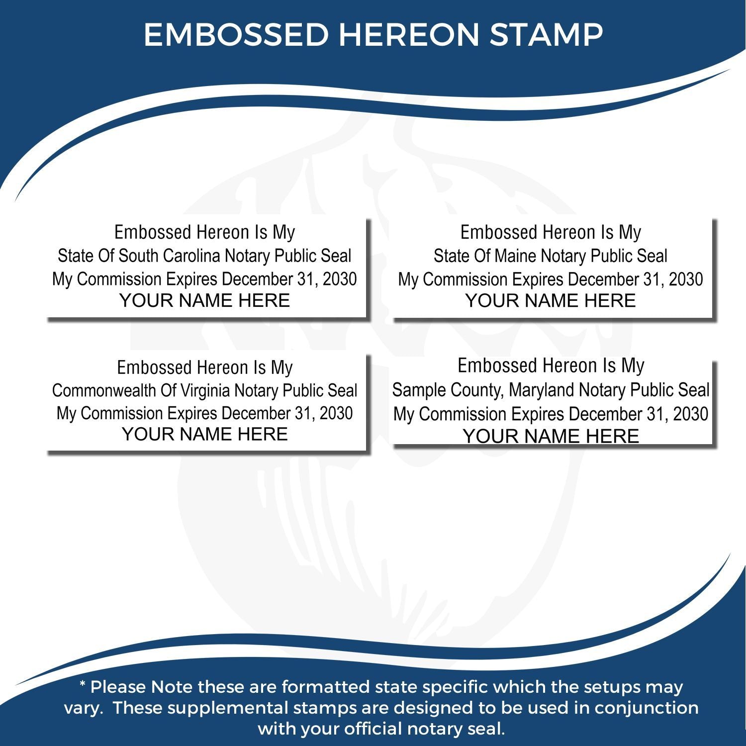 Embossed Hereon notary public seal stamp design with state-specific samples for South Carolina, Maine, Virginia, and Maryland.