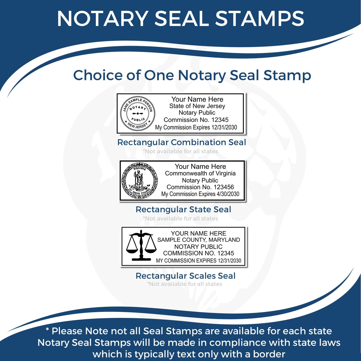 Notary seal stamps poster showing rectangular combination, state, and scales seal options for New Jersey, Virginia, and Maryland, compliant with state laws.