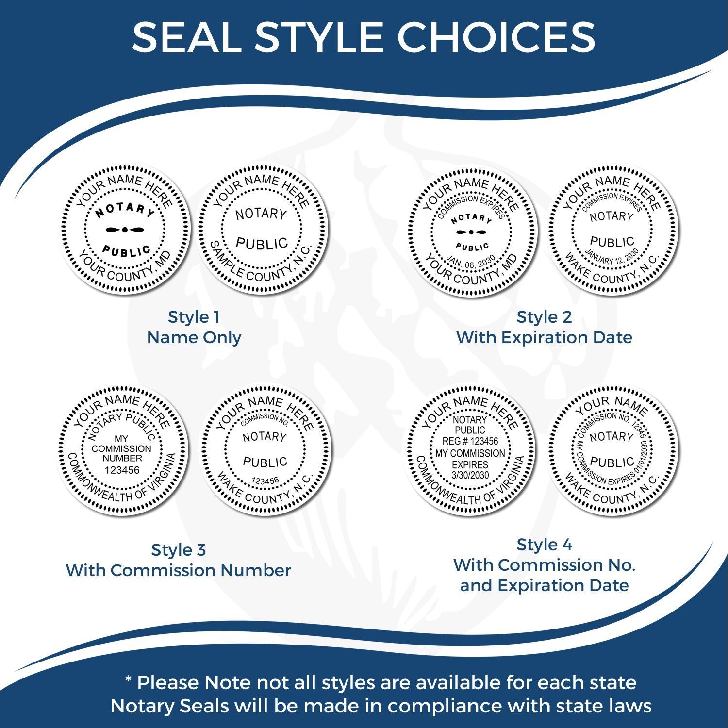 Notary seal style choices showing four customizable notary public seal designs with name, expiration date, and commission number options.