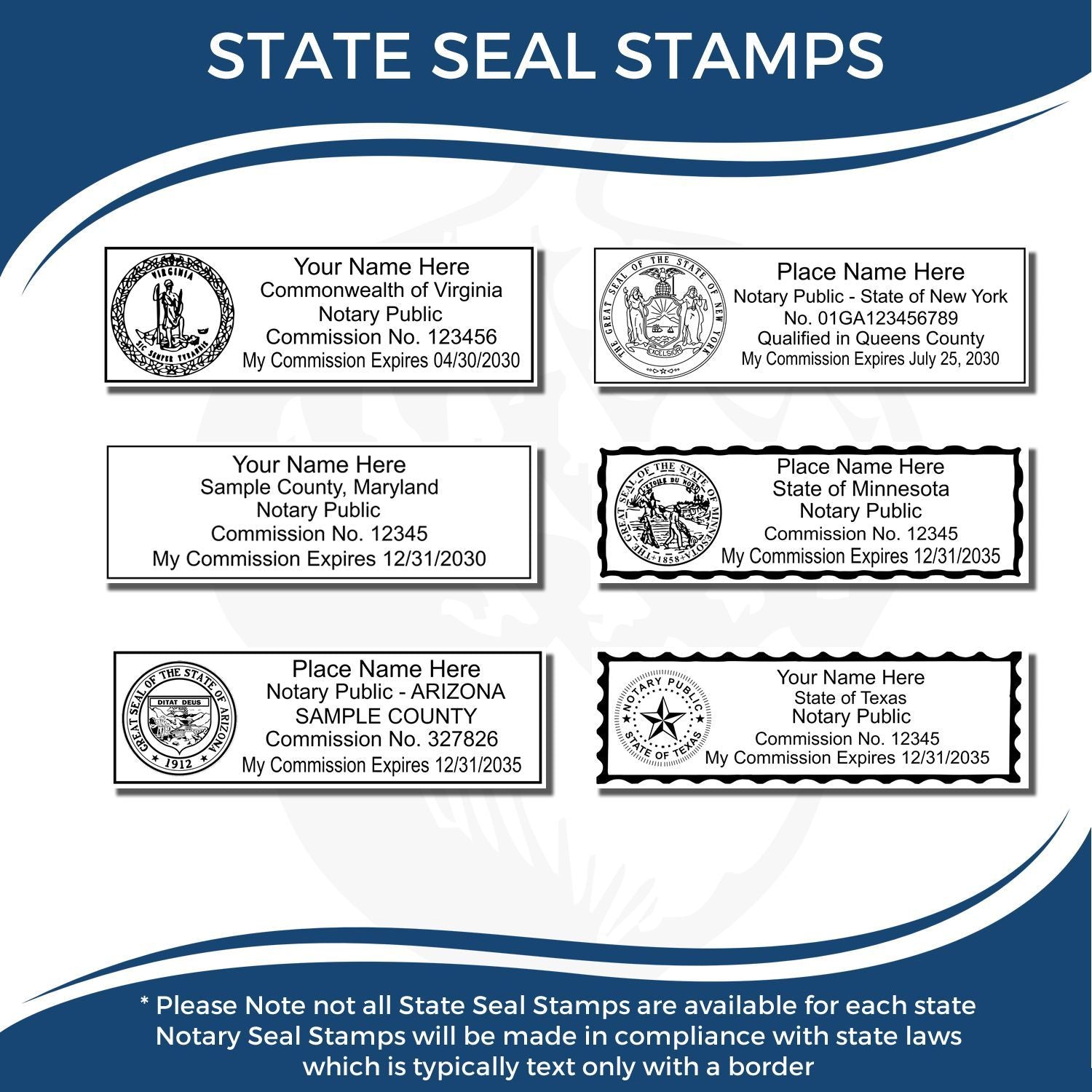 State seal stamps and notary public seal stamp examples for Virginia, New York, Maryland, Minnesota, Arizona, and Texas with commission details.