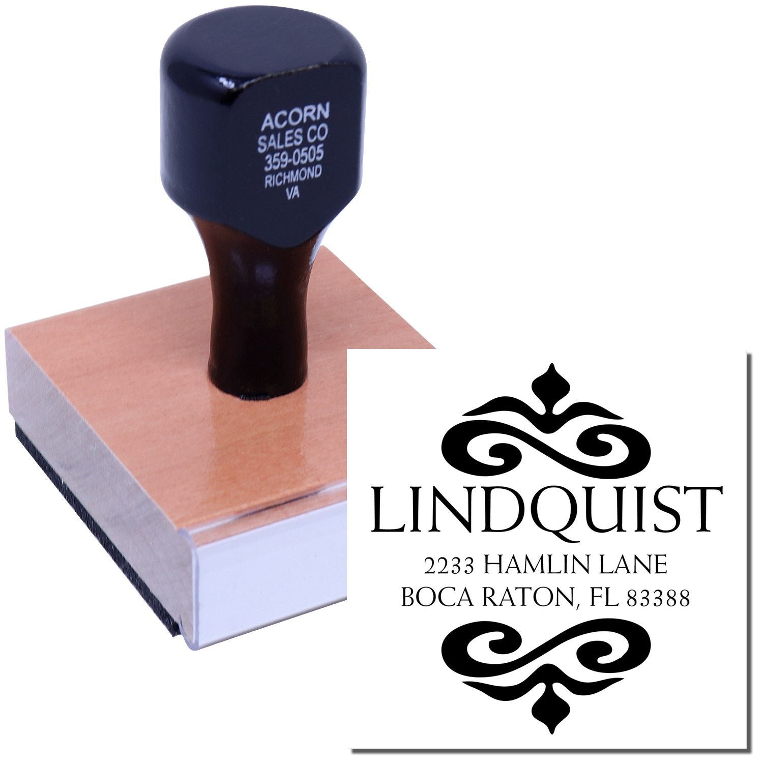 Custom business rubber stamp with address imprint and logo, shown mounted on a stamp block for mailing and branding.