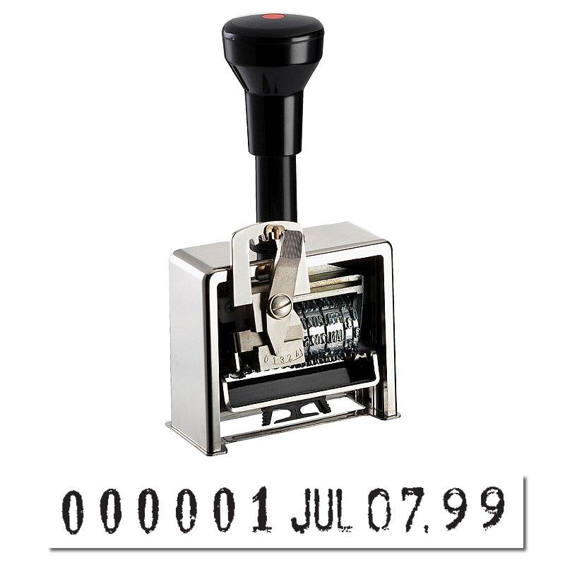 The image shows a wide-frame hand numbering machine with "000001JUL07.99" showing.