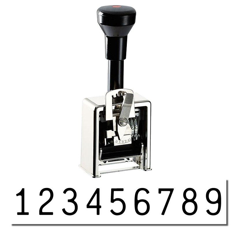The image shows a nine-wheel numbering machine with "123456789" showing.