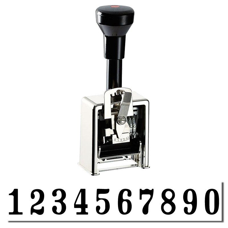 The image shows a 10-digit numbering machine stamp with "1234567890" showing.