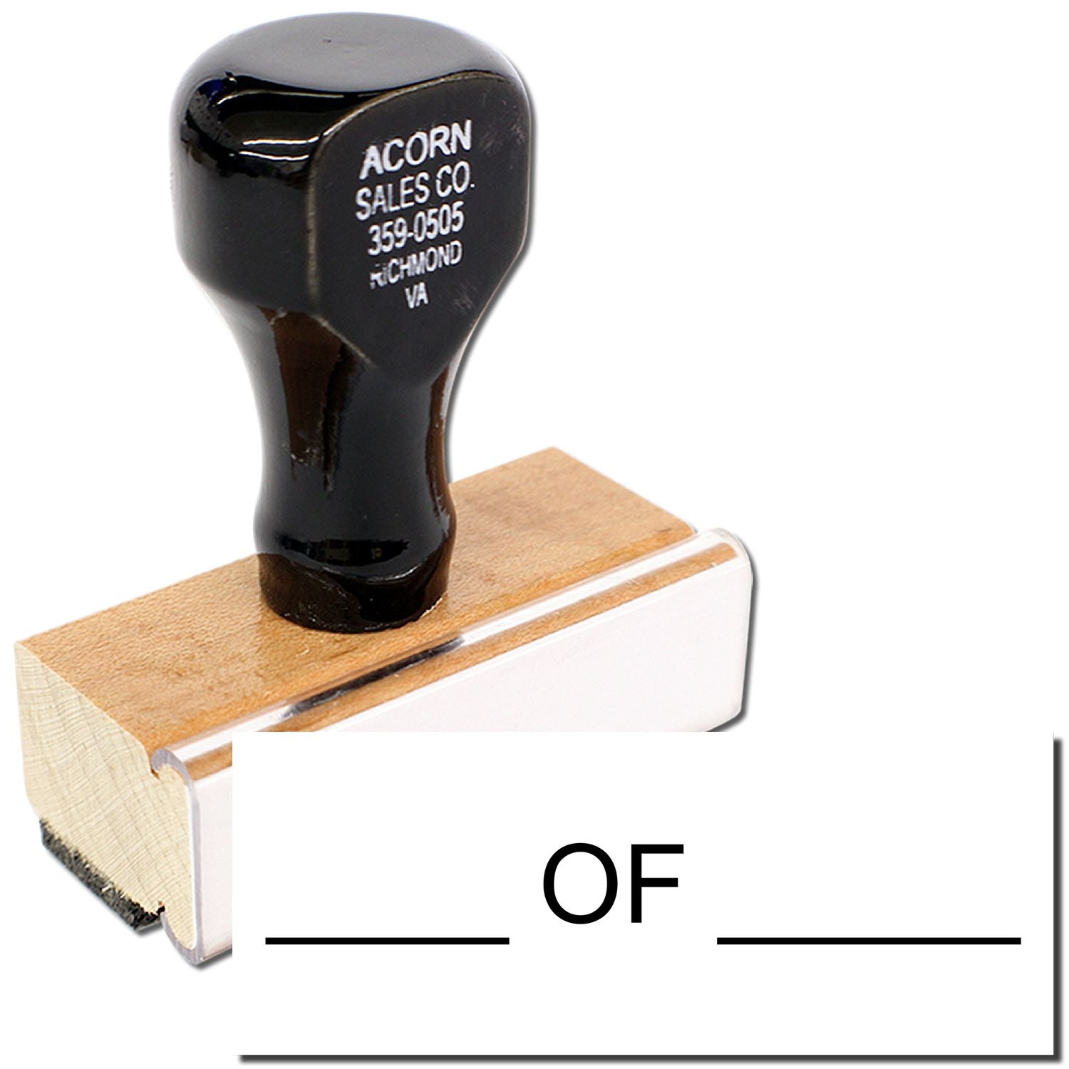 Black stamp on wooden base labeled ACORN SALES CO. with OFF marking, used for imprinting branding.