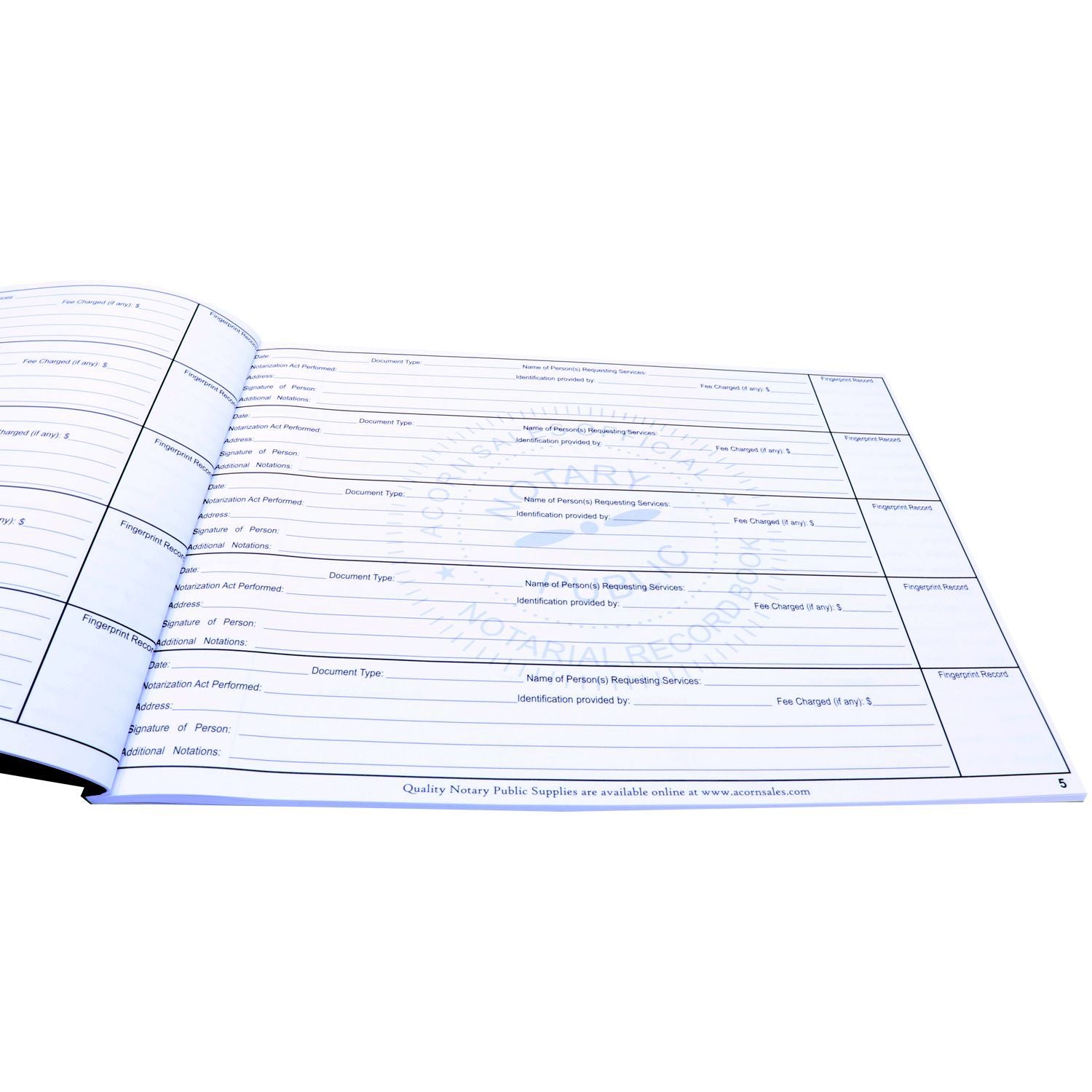 Open notary public journal book with fingerprint record pages and service entries.