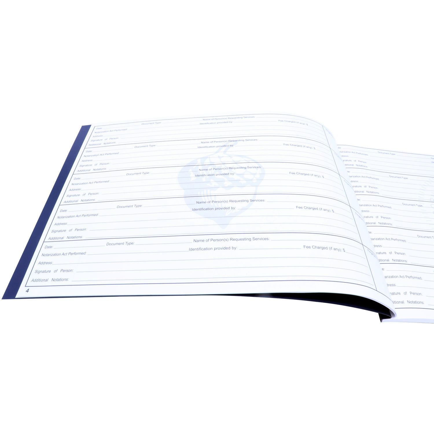 Open notary journal book with blank notarization record pages on a white background.