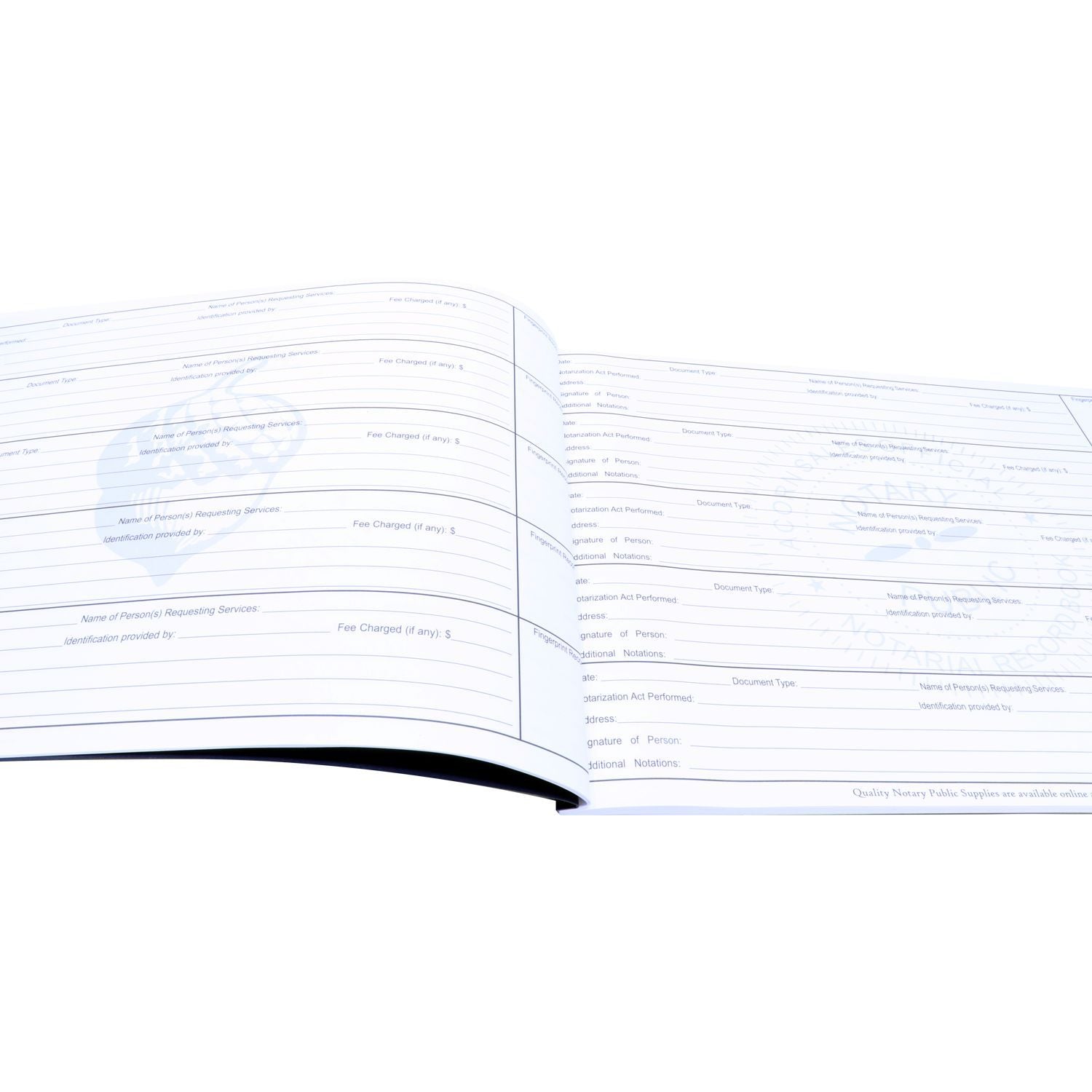Open notary public journal book with blank legal forms and signature lines on white background